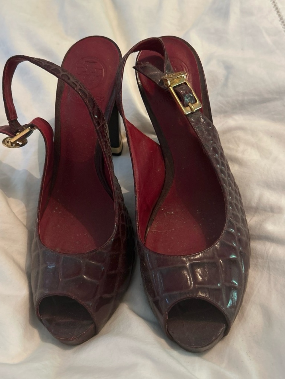 Tory Burch Women’s Burgundy Croc-Embossed Slingback Peep-Toe Heels